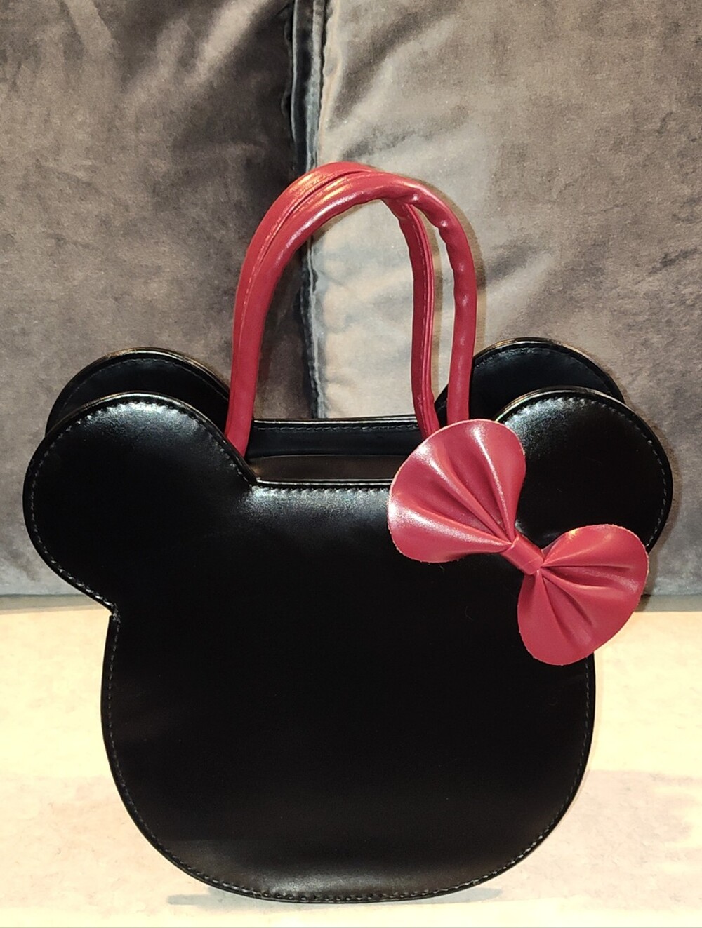 VINTAGE MINNIE MOUSE EAR SILHOUETTE BLACK LEATHER SMALL TOTE BAG WITH BOW ACCENT